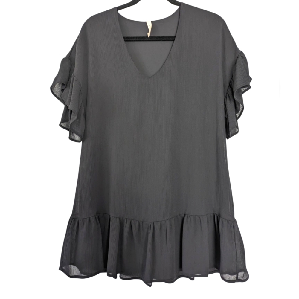 Tyche Black Flowy Dress Size Small Ruffle Hem V Neck Fully lined